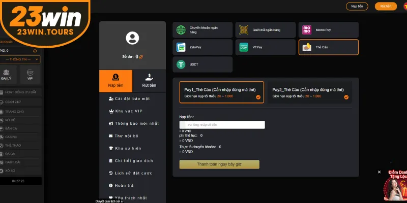 Hướng dẫn nạp tiền vào tài khoản 23win bằng thẻ cào